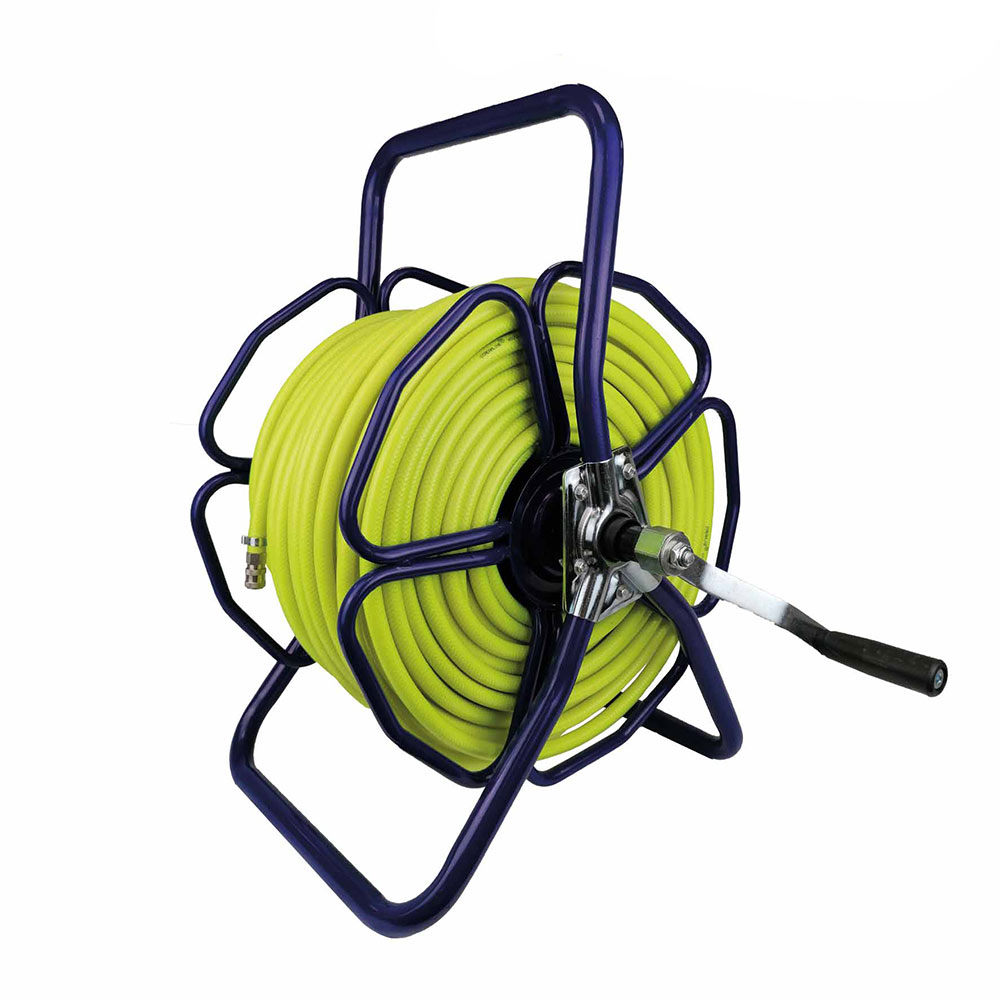 Metal Freestanding Hose Reel with 100mtr 6mm Streamline® HIVIZ Microbore Hose & Fittings Kit - assembled