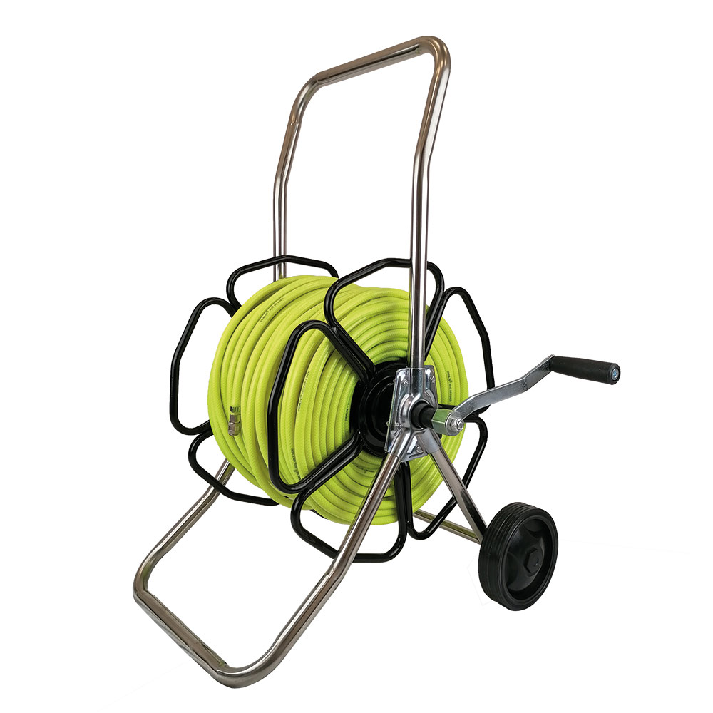 Stainless Steel Wheeled Hose Reel with 100mtr 6mm Streamline® HIVIZ Minibore Hose & Fittings Kit - assembled